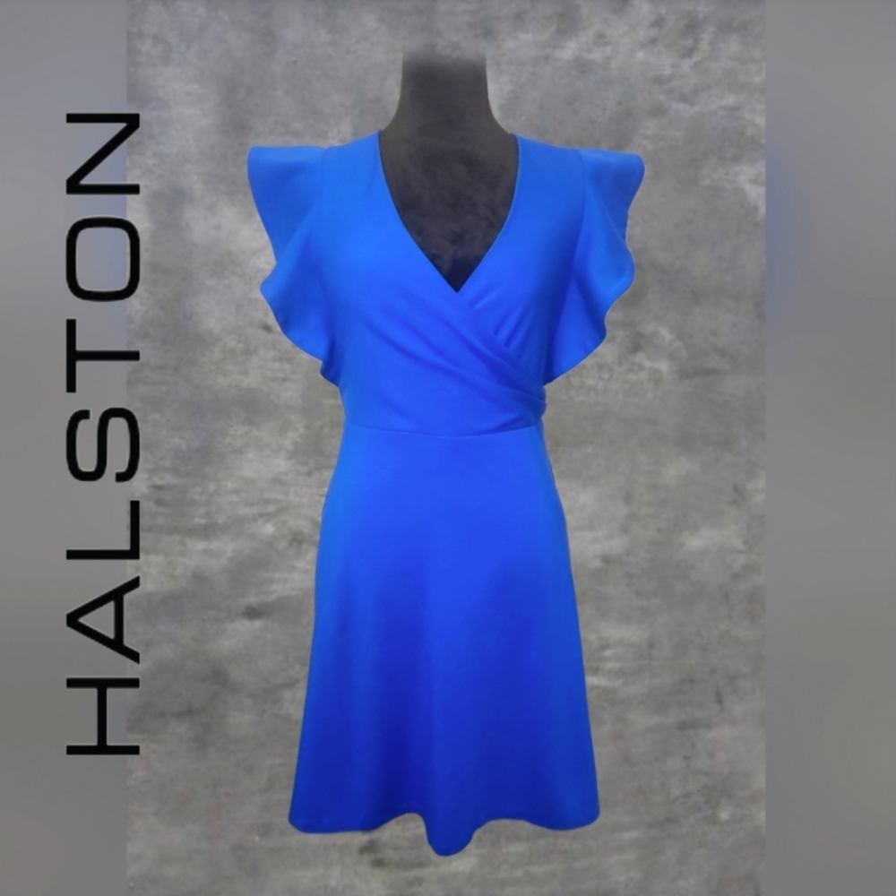 H by Halston Bright Blue Mini Wrap Front Flutter Sleeve Party Dress Size 0 (C30)